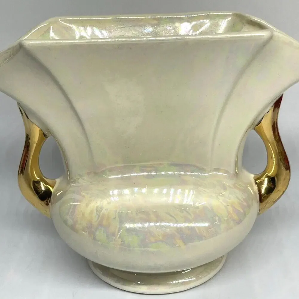 Iridescent Ivory Double Handled‎ Vase 22K Gold Handles Pearl China Co Vintage